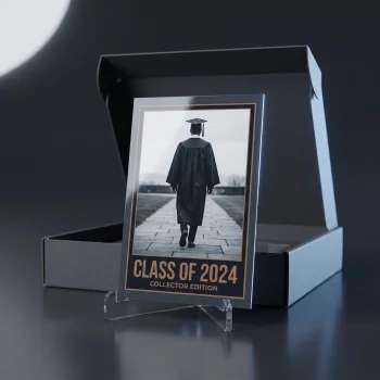 A custom trading card showing a graduate in cap and gown standing in front of a charcoal gift box on a dark studio background.