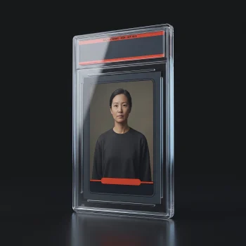 A custom trading card sealed inside a clear rigid display case with a printed topper strip, standing on a dark studio background.