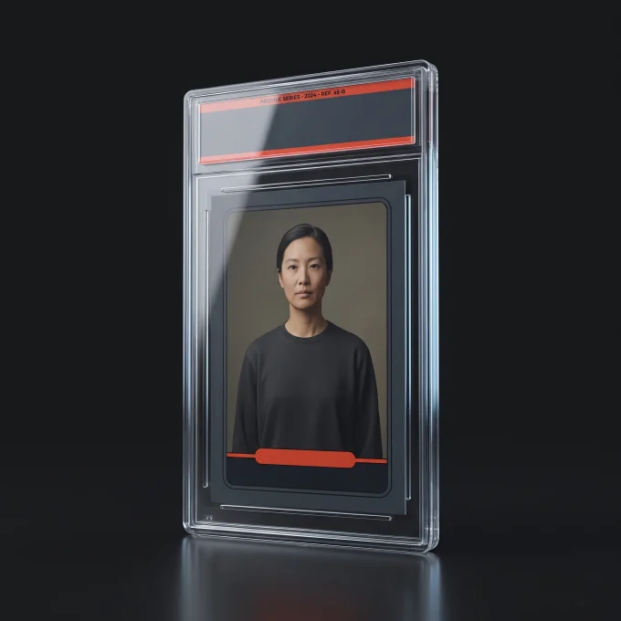 A custom trading card sealed inside a clear rigid display case with a printed topper strip, standing on a dark studio background.