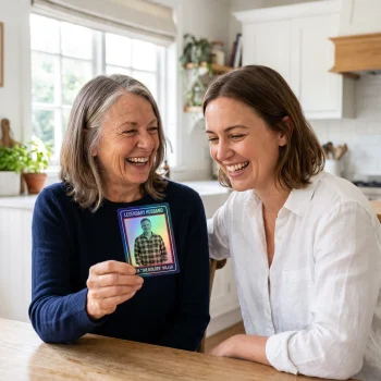 A mother and her adult daughter laughing at a kitchen table while holding a custom trading card made from a family photograph.