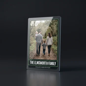 A custom trading card showing a family of four photographed outdoors, framed in a dark charcoal border on a dark studio background.
