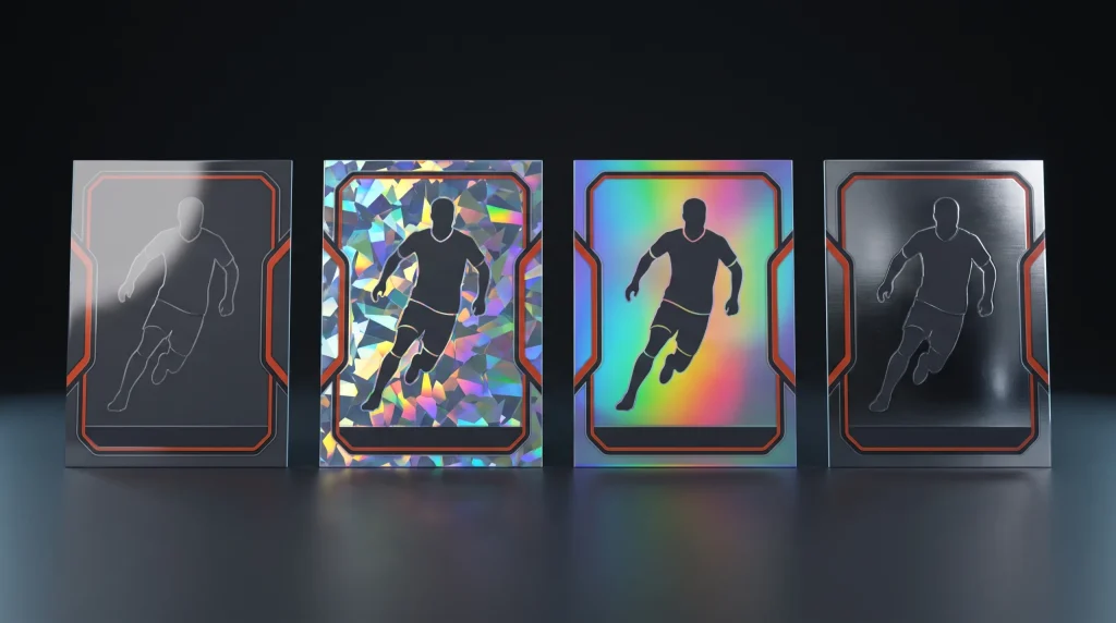 Four identical custom trading cards side by side showing standard gloss, cracked ice holographic, rainbow prism holographic and liquid metal foil finishes.