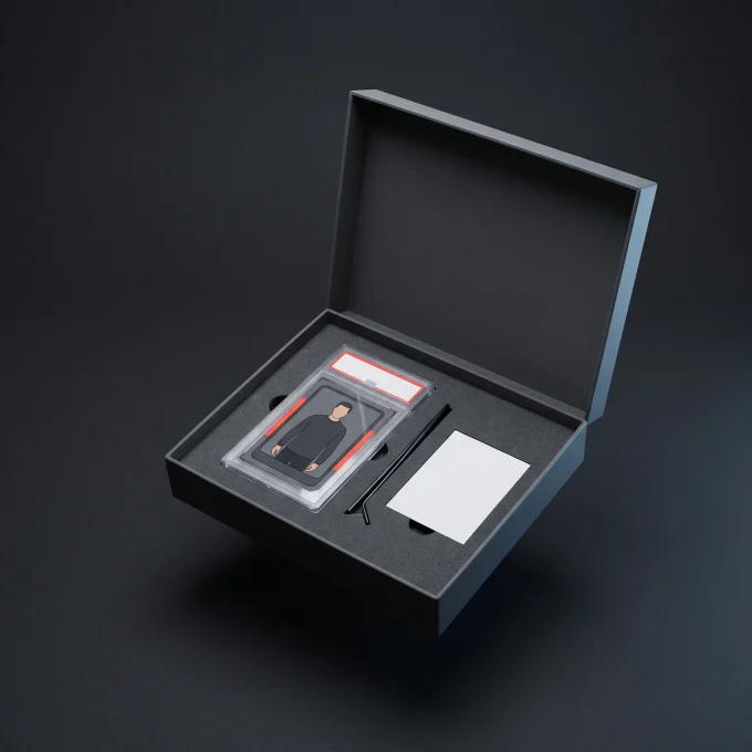 An open charcoal gift box containing an encased custom trading card, a display stand and a blank message card.