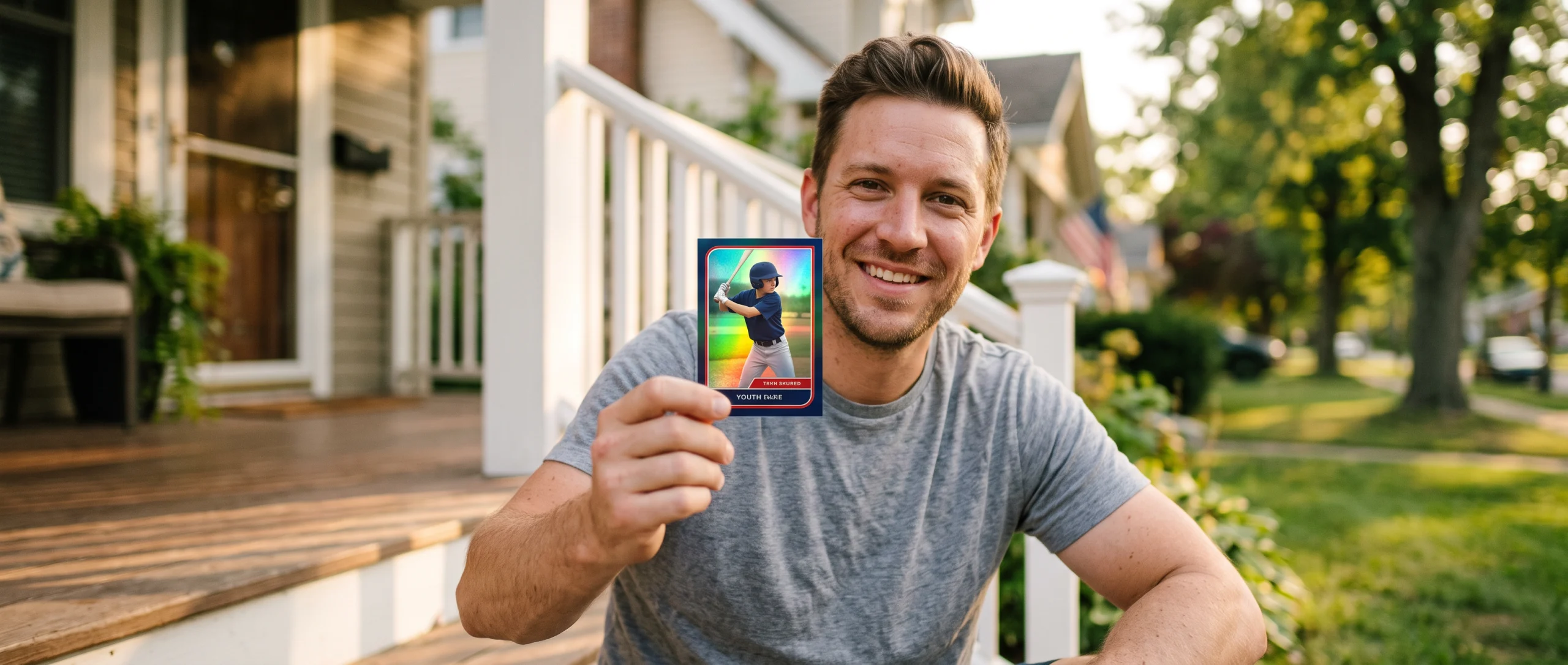 A smiling man on a sunlit American porch holding up a holographic custom trading card of a youth baseball player.