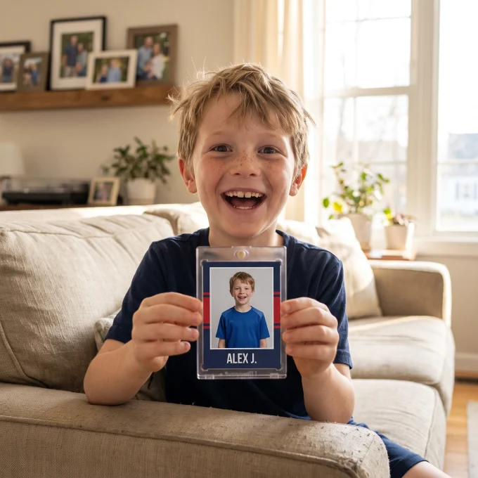 A laughing boy holding up his own trading card sealed in a clear display case in a bright family living room.