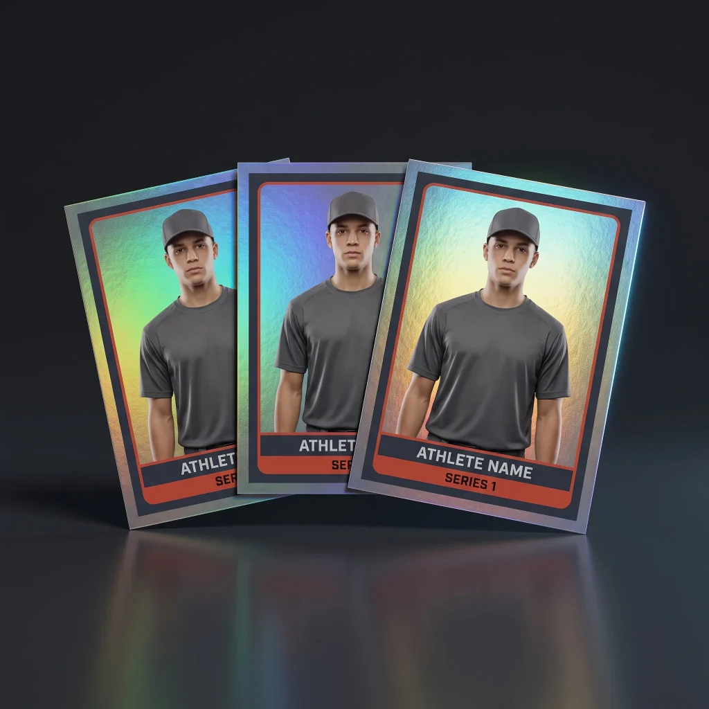 Three identical holographic custom trading cards fanned out in an overlapping row on a dark studio background.