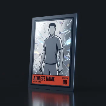 A custom trading card with a cracked ice holographic finish standing upright on a dark studio background, light fracturing into angular shards across the card.