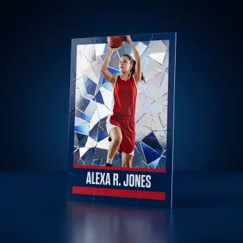 A cracked ice holographic custom trading card of a high school basketball player standing upright on a deep navy studio background.
